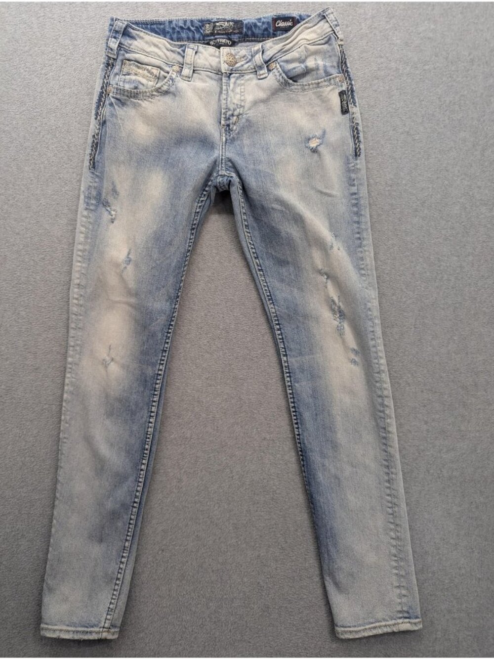 Silver Jeans Co Boyfriend Jeans Womens 25 Light Wash Mid Rise Distressed Stretch